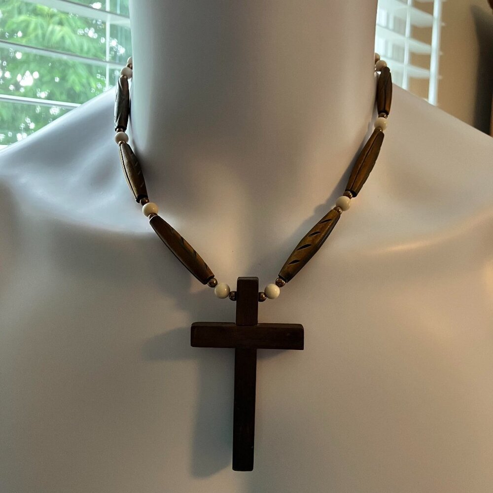 Cross Artisan Wood Natural Agate Stone + Hematite Necklace 19 in Handmade NEW